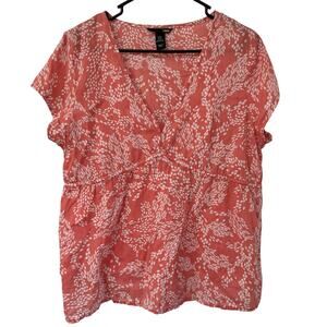 H&M Coral Red Boho Floral Blouse Women’s Size 16 | 100% Cotton Lightweight Top